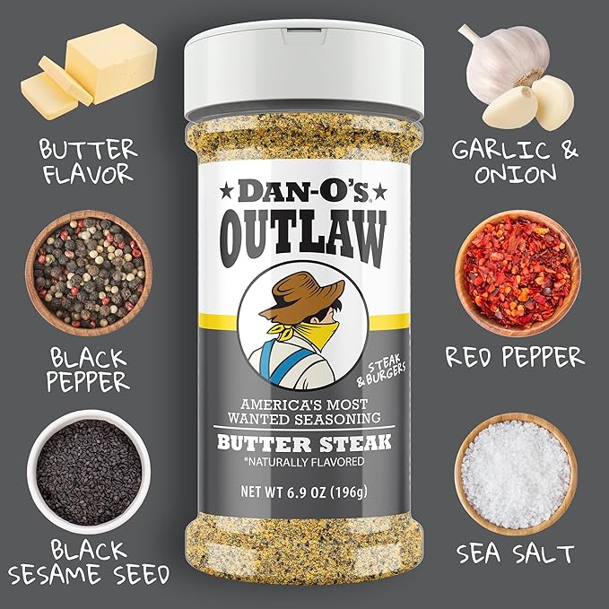Dan-O's Outlaw Seasoning 6 Bottle Set- Butter Dust Butter Steak Spicy BBQ Sweet Caribbean Sweet &amp Tangy BBQ and Blackened Bloody Mary Seasoning