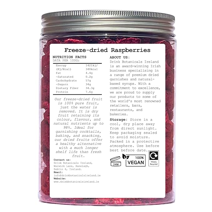 Freeze Dried Raspberries | Dried Bulk Raspberries | 200 + Pieces | 100% Natural | Gluten Free | Garnishing Cocktails Cake Decoration Baking Fruit Sorbet Tea Cooking | 3.17 oz | 90 Grams | PET Jar