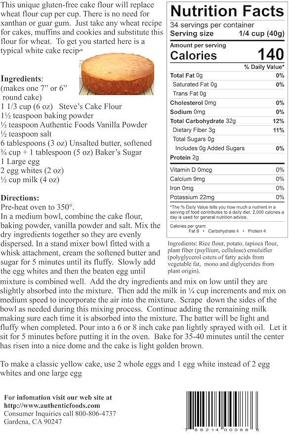 Authentic Foods Steve's Gluten Free Cake Flour Blend 3 Pound