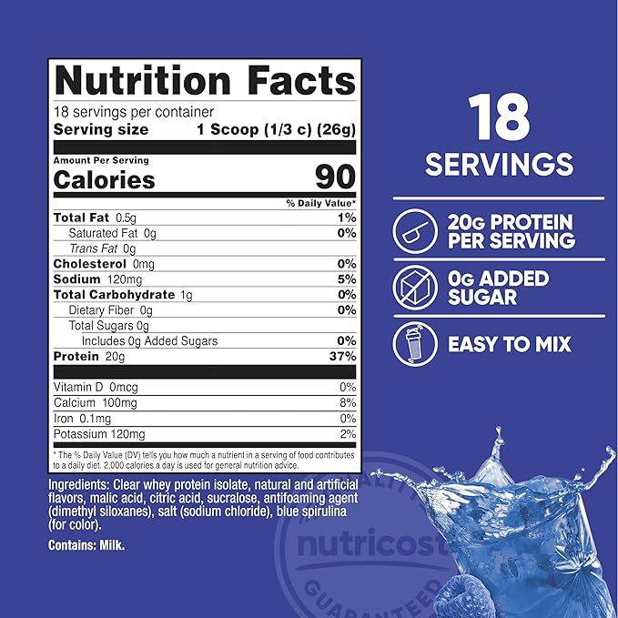 Nutricost Clear Whey Protein Isolate Powder (Berry Blast) 1 LB - 20g of Protein 0g Added Sugar GMO-Free Gluten-Free