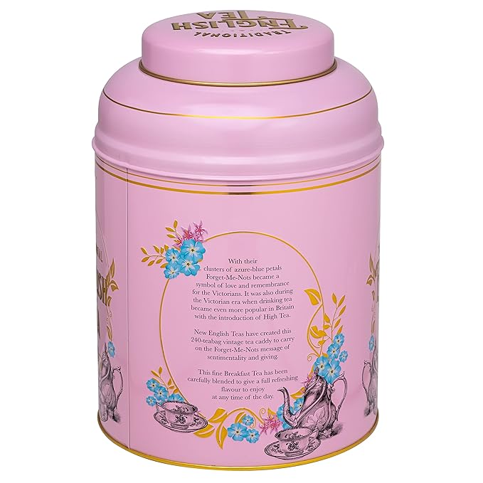 New English Teas Vintage Victorian Tea Tin in Pink with 240 English Breakfast Teabags