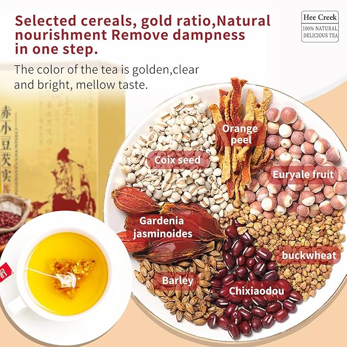 Hee Creek Red Bean Coix Seed Tea 10.58oz/300g (60 bags) Clearing DampnessChixiaodou Job tears Gardenia Orange peel Barley Gorgon fruit Buckwheat 赤小豆薏米芡实茶 祛湿茶