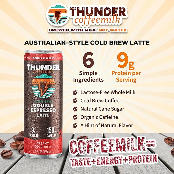 Thunder CoffeeMilk - 11 oz Aussie Style Cold-Brewed Latte Canned Coffee Iced Coffee Cans for Grab &amp Go Natural Protein-Rich 150mg Caffeine Energy Drink in Handy Cold Brew Cans Doubleshot Espres