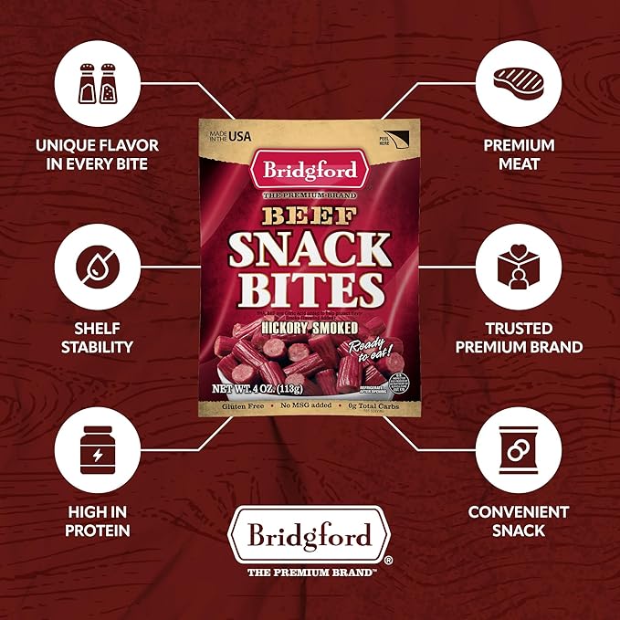 Bridgford Beef Snack Bites 4 oz Pack of 6 - Ready-to-Eat Snacks for On-the-Go Snacking - Gluten-Free Zero Carbs Meat Snacks for Adults - Keto Beef Snack Bites for Your Keto Diets