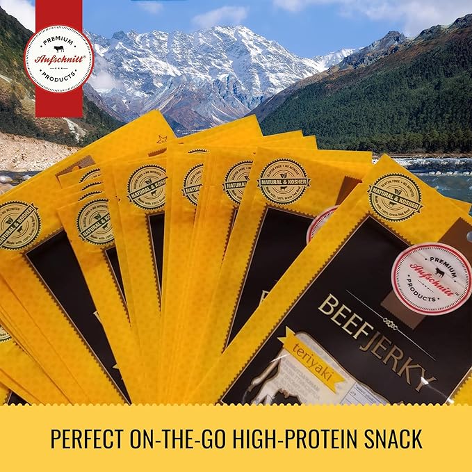 Aufschnitt Grass Fed Beef Jerky - Low Sodium Certified Kosher - Made in USA - Keto Friendly - 12 Pack Teriyaki