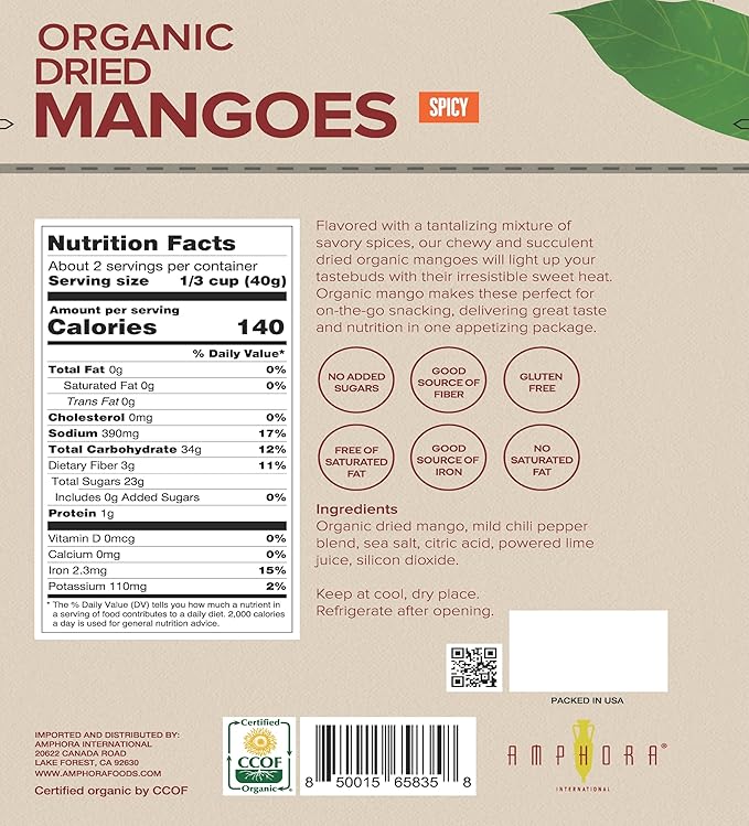 Amphora Spicy Organic Mangoes Snack Fruits Vegan Kosher Gluten Free - 3 Oz Bag (Pack of 6)