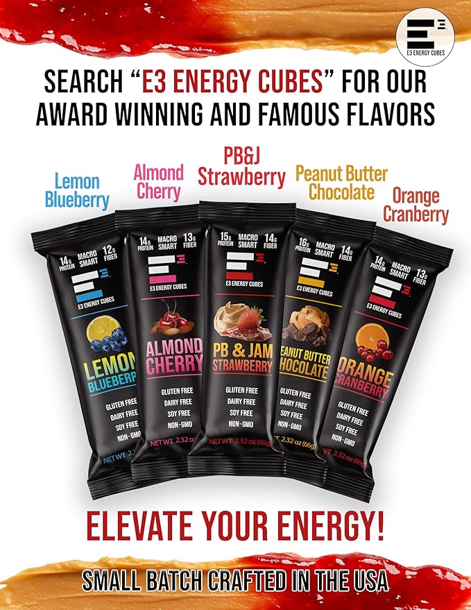 E3 Energy Cubes- PB &amp Jam Strawberry Refrigerated Protein Bars | Gluten Free Dairy Free Soy Free Healthy Non-GMO Macro Smart Prebiotic Fiber | Healthy Snack Bars | Made in USA Pack of 12