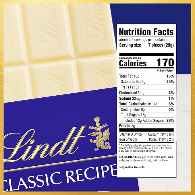 Lindt CLASSIC RECIPE White Chocolate Bar White Chocolate Candy 4.4 oz. (12 Pack)