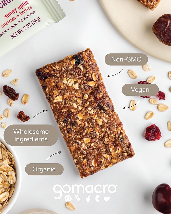 GoMacro MacroBar Organic Vegan Snack Bars - Cherries + Berries (2.0 Ounce Bars 12 Count)