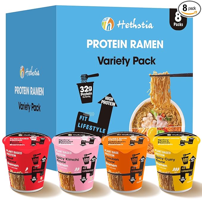 Hethstia High Protein Ramen Variety Pack 8-Pack Instant Ramen Noodle Soup Cups (Chicken Beef Spicy Kimchi Spicy Curry) 32g Plant Protein Vegan Non-Fried Low Fat Non-GMO Healthy Quick Meal