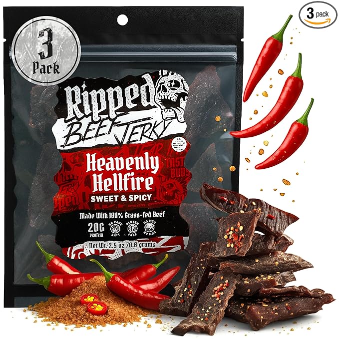 Ripped Beef Jerky - 100% Grass Fed Beef 20g Protein Real Ingredients Gluten Free No MSG Made in USA (Pack of 3 Sweet &amp Spicy)