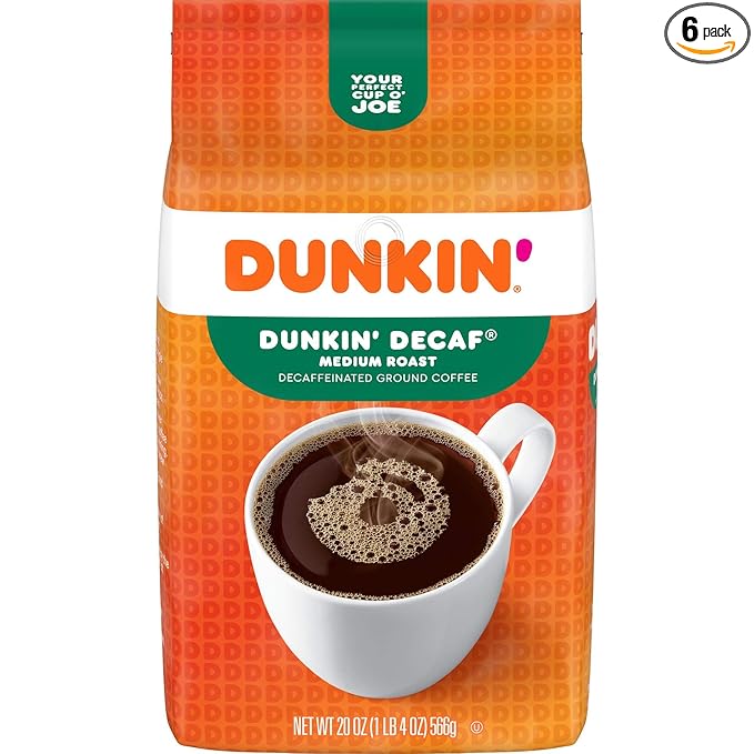 Dunkin' Decaf Medium Roast Ground Coffee 20 Ounce (Pack of 6)