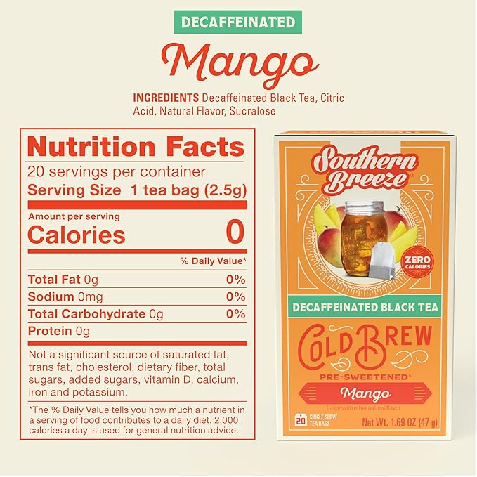 Southern Breeze Decaf Cold Brew Sweet Tea Mango Iced Tea with Black Tea and Zero Carbs Zero Sugar 20 Individually Wrapped Tea Bags Pack of 4