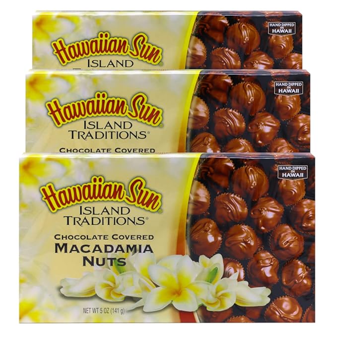 Hawaiian Sun Island Chocolates Gift Pack Chocolate Macadamia Nuts 5 oz Kona Crunch 6 oz and 70% cacao dark chocolate macadamia 5 oz (Chocolate Covered Macadamia Nuts 5 oz)