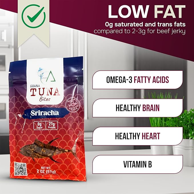 GOANA Tuna Jerky Bites Sriracha Flavor High Protein Fish Snack Wild Caught Ahi Tuna Keto Paleo Low Carb Sugar Free Gluten Free Low Sodium 2 oz (2 Pack)