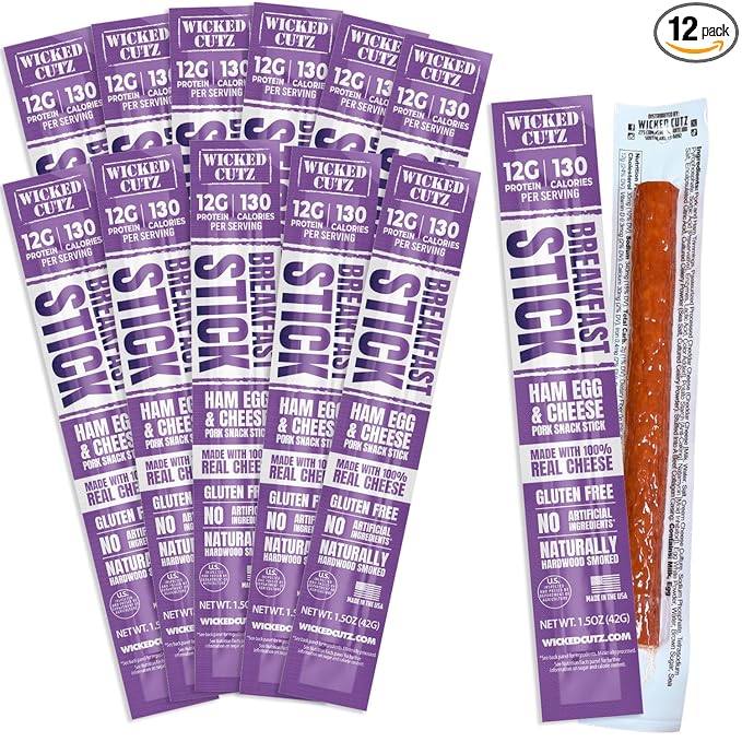 Wicked Cutz Ham Egg and Cheese Stick 12g Protein Per Gluten Free Breakfast Stick USA Made High Protein Carnivore Snacks Breakfast Meat Sticks (12 Sticks)