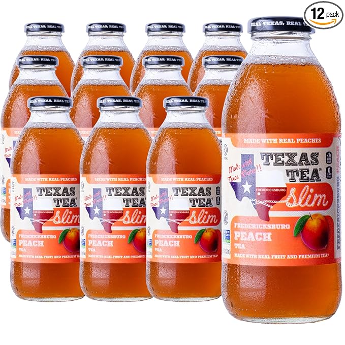 Texas Tea SLIM Fredericksburg Diet Peach Tea – Zero Calories Reduced Sugar Organic Black Tea with Real Texas Peaches Small-Batch Brewed 12-Pack 16oz Glass Bottles Southern Sweet Iced Tea