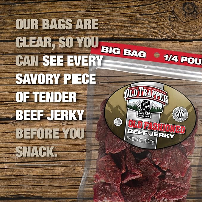 Old Trapper Beef Jerky Old-Fashioned 1/4-Pound Individual Package Tender Meat Snacks for Lunches or Between Meals 11 Grams of Protein Zero Grams of Fat 70 Calories per Serving (Pack of 8)