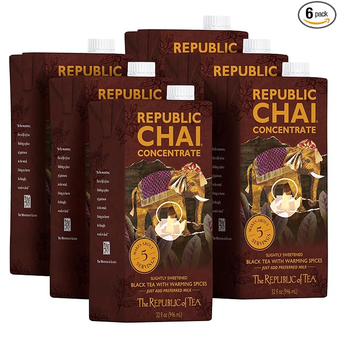 The Republic of Tea – Republic Chai Black Tea Concentrate 6 Cartons – 32 fl oz (5 Servings) Chai Latte Mix Naturally Caffeinated Gluten Free