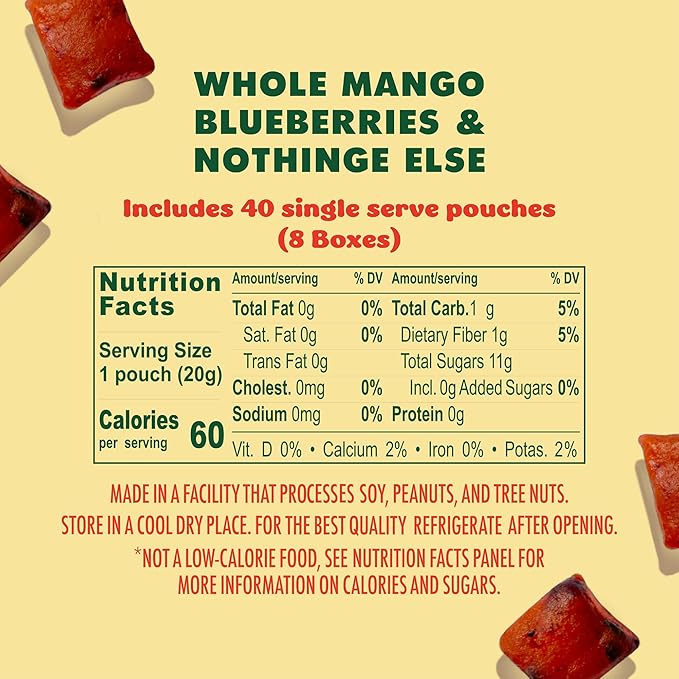 SOLELY - Organic Mango &amp Blueberry Whole Fruit Gummies (Pack of 8 Boxes 5 Bags per Box) - Real Fresh Fruit - Healthy Snacks for Adults &amp Kids - Non GMO Vegan Snacks Shelf Stable - 40 Bags (