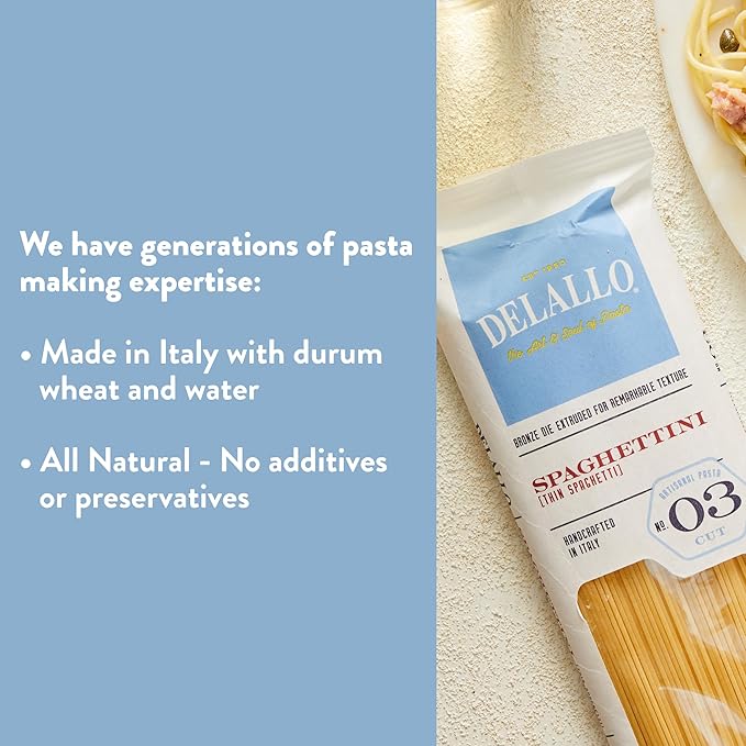 DeLallo Thin Spaghetti Pasta 1 Pound Bag 4 Pack Al Dente Texture Made in Itay Made with Durum Wheat Semolina Flour Cooks in 9 Minutes Non-GMO Long Cut