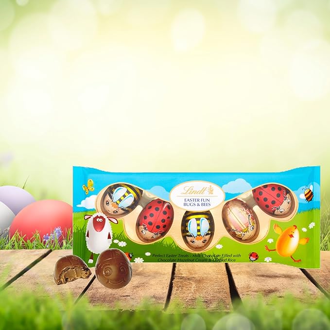 Lindt Easter Chocolate Bulk Buy - Pack of 3 x 50g Milk Chocolate Bugs &amp Bees Filled with Hazelnut Cream and Crispy Rise Chocolate Bulk for Easter Gifts Easter Egg Hunt Party Bag Fillers or Hampe