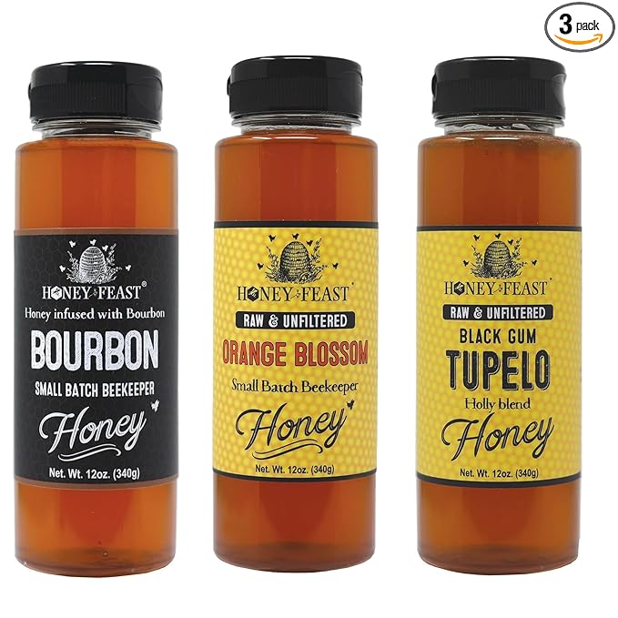 HONEY FEAST Best Sellers Trio – 12oz Black Gum Tupelo (Holly Blend) Orange Blossom &amp Bourbon Infused Honey – Gourmet Gift Set