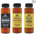 HONEY FEAST Best Sellers Trio – 12oz Black Gum Tupelo (Holly Blend) Orange Blossom &amp Bourbon Infused Honey – Gourmet Gift Set