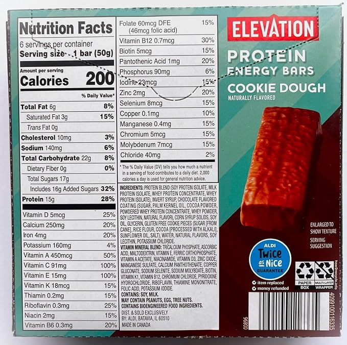 Generic ELEVATION Gluten Free Cookie Dough Protein Energy Bars 2 PACK15g Protein Per Serving 6 dx 1.76 oz. Bars in Each Box (12 Bars Total)