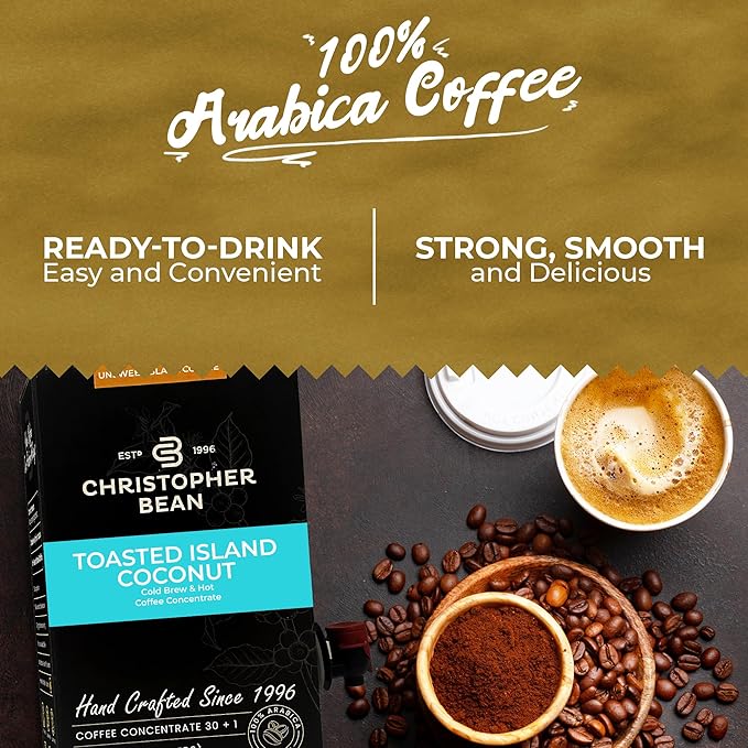 Christopher Bean Coffee - 396 servings 30 to 1 Blend Bag in Box Liquid Instant Coffee or Cold Brew Coffee Concentrate - Hot or Iced Coffee - Toasted Island Coconut