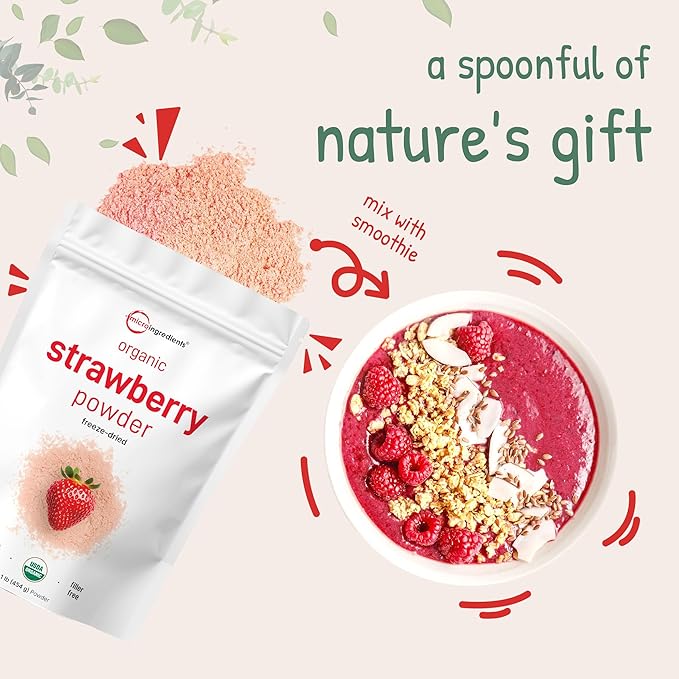 Organic Strawberry Powder 1 Lb | 100% Natural Fruit Powder | Freeze-Dried Strawberries Source | No Sugar &amp Additives | Great Flavor for Drinks Smoothie &amp Beverages | Non-GMO &amp Vegan Fri