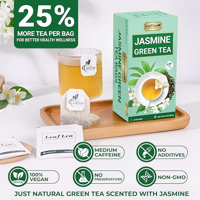 LeafLea 80 Jasmine Green Tea Bags Green Tea with Natural Jasmine Aroma Light Focus &amp Daily Balance Delicate Floral and Smooth Taste Caffeinated Sugar-Free Non-GMO Vegan Individually Wrappe