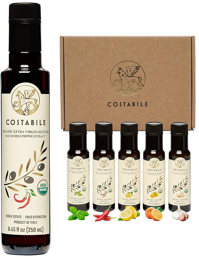 Gift set of 5 infused olive oils (basil garlic lemon orange chili) and Hot Chili infused olive oil. Ideal EVOO combo for every healthy diet - COSTABILE