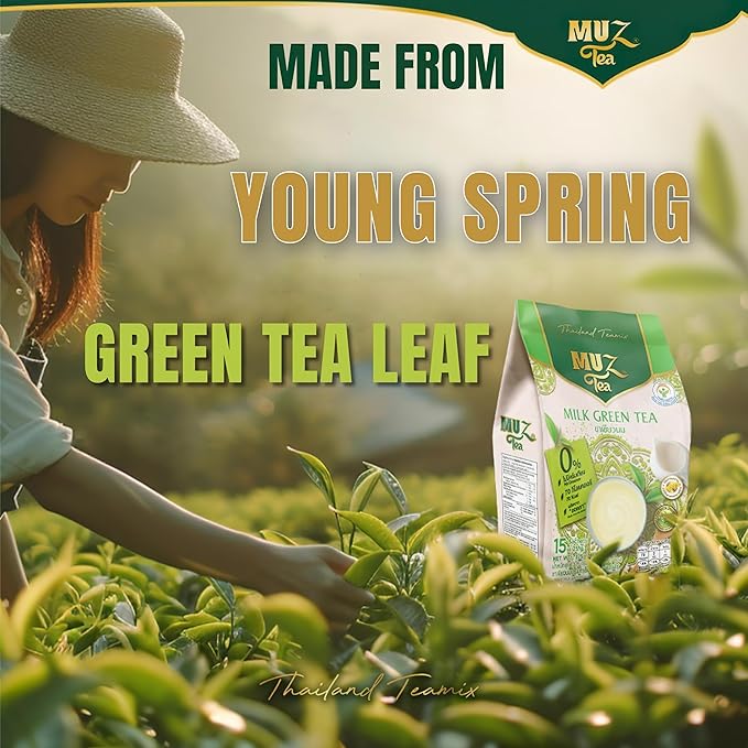 MuzTea Instant Milk Green Tea Powder Mix 3 in 1 With Green Tea Coconut Flower Sugar Creamer From Selected Low Fat Milk Powder 15 Sachets (Milk Green Tea)