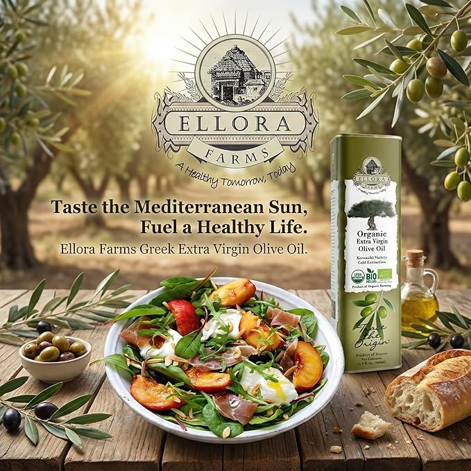 Ellora Farms Extra Virgin Olive Oil Organic Cold Press Traceable Single Origin Olive Oil Kosher 17 oz. tin