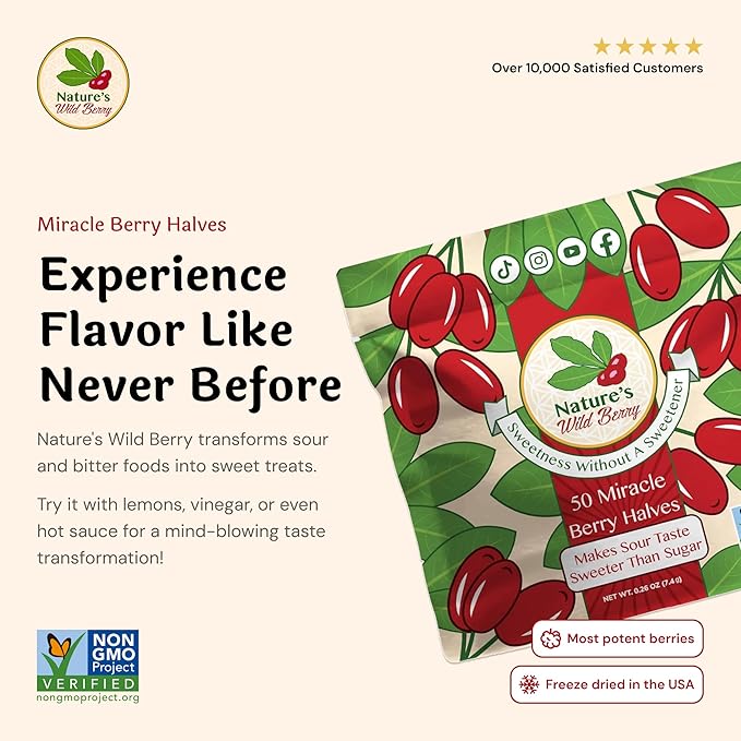 Nature's Wild Berry Miracle Berries – 50 Flavor-Changing Berry Halves | Resealable Refill Pack | Freeze-Dried in USA | Turn Sour to Sweet | As Seen on Shark Tank | Magic Fruit for Taste Transformation