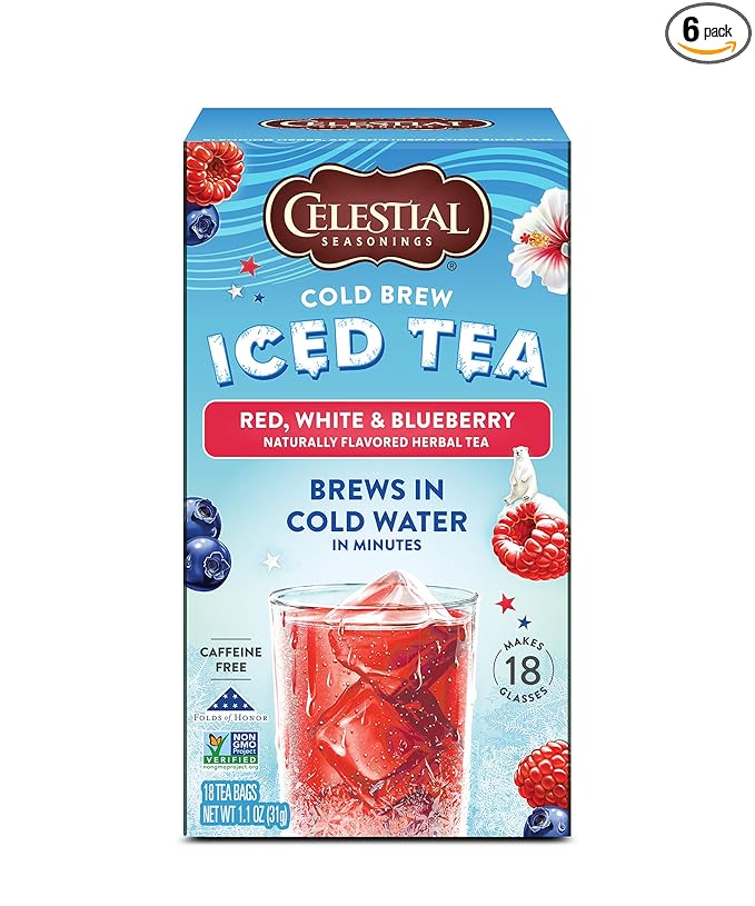 Celestial Seasonings Cold Brew Iced Tea Red White &amp Blueberry Caffeine Free 18 tea bags (Pack of 6)