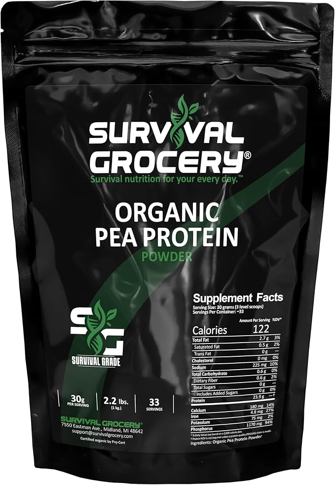 Survival Grocery® Organic Pea Protein - Organic Non-GMO North American Grown &amp Produced Gluten Free Vegan Survival Grade Protective Bulk Bags with Long Shelf Life (2.2 lbs./1 Bag)