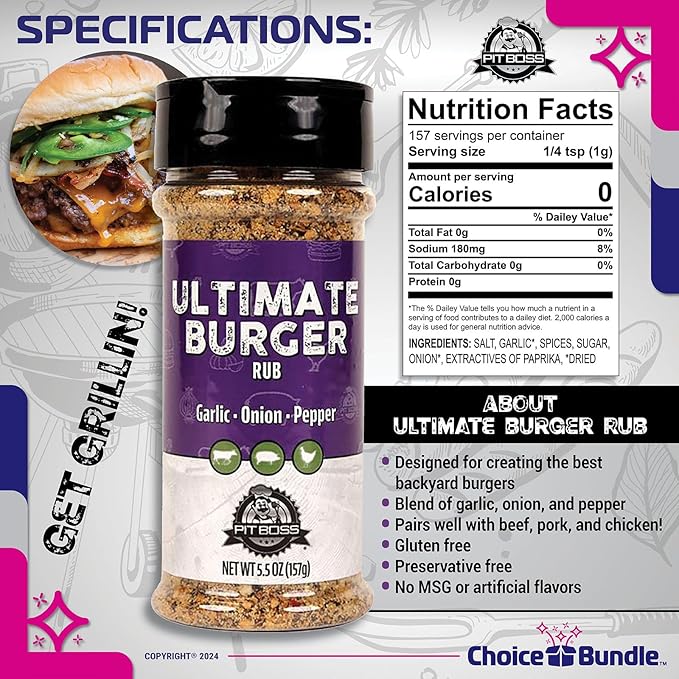 Pit Boss Ultimate Burger Premium BBQ Barbecue Mixed Seasoning Spice &amp Rub 4 pk Choice Bundle (22 oz) + Guide &amp Keychain Bottle Opener (6 Items)!
