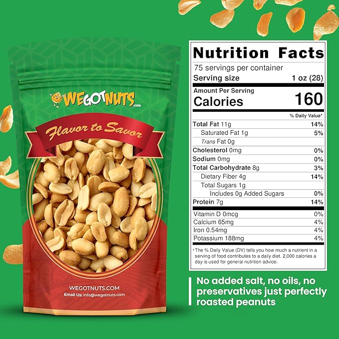 Roasted Unsalted Peanuts 5 Pounds (80oz) By We Got Nuts – Premium Quality Kosher Peanut – Healthy &amp Natural Rich Flavor Snack – Great For DIY Homemade Peanut Butter – Air-Tight Resealable Bag Pack