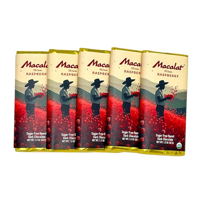 Macalat Raspberry Bar Sugar-Free Sweet Dark Chocolate with Organic Raspberry 70% Peruvian Organic Cacao Bitter-Free Allulose and Monkfruit Chocolate Bar Vegan Non-GMO Keto (5 Bar Case)