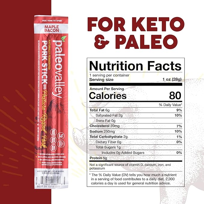 Paleovalley Pasture-Raised Pork Sticks - Maple Bacon Flavor Meat Sticks Individually Wrapped 28g - 10 Sticks - Gluten-Free Protein Snack