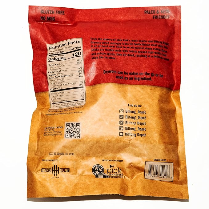 Biltong Depot Smoked Drywors - 1 lb (16oz) | South African Air-Dried Beef Snack Sticks | High Protein | Keto and Paleo Friendly | Zero Sugar | Gluten Free | No Artificial Preservatives | No MSG
