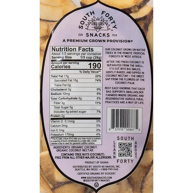 South 40 Snacks Organic Coconut Chips with Nectar Just 2 Ingredient (3.5oz bag pack of 4)