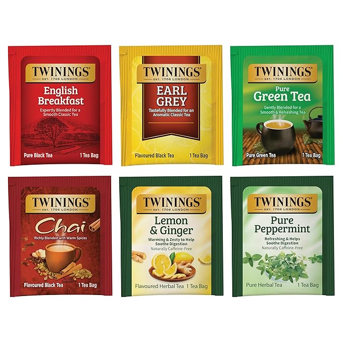 Twinings Variety Pack Tea Bags 25 Count (Pack of 6) Includes English Breakfast Earl Grey Lemon Ginger Peppermint Green and Chai Enjoy Hot or Iced 150 Teabags