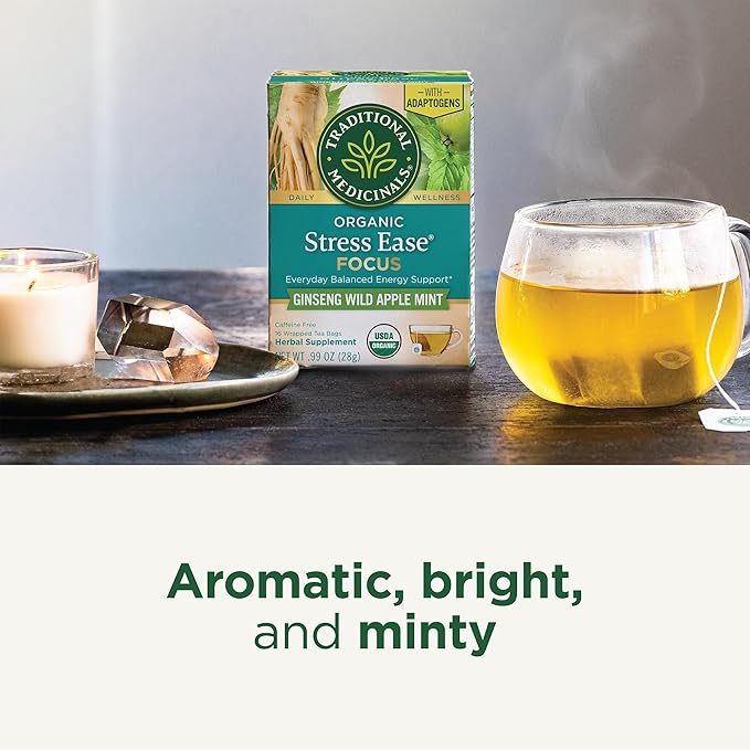 Traditional Medicinals Tea Organic Stress Ease Focus with Adaptogens Everyday Balanced Energy Ginseng Wild Apple Mint 96 Tea Bags