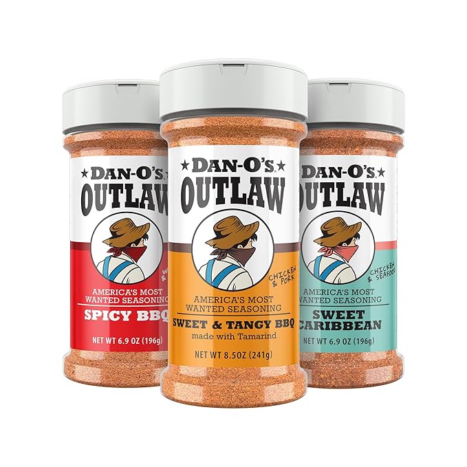 Dan-O’s Outlaw BBQ Seasoning Variety Pack – 3 Bottle Combo – Sweet &amp Tangy BBQ (Tamarind) Spicy &amp Sweet Caribbean – Bold Grill &amp Rubs for Pork Ribs Chicken &amp Seafood