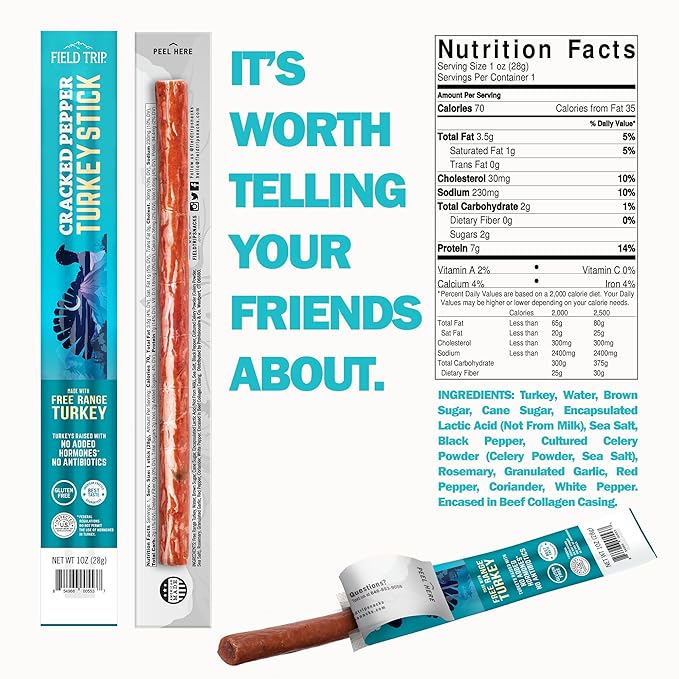 Field Trip Cracked Pepper Turkey Jerky Snack Sticks Keto Paleo Gluten Free Allergy Friendly Snack High Protein 70 Calorie Snack 1oz 24 Pack