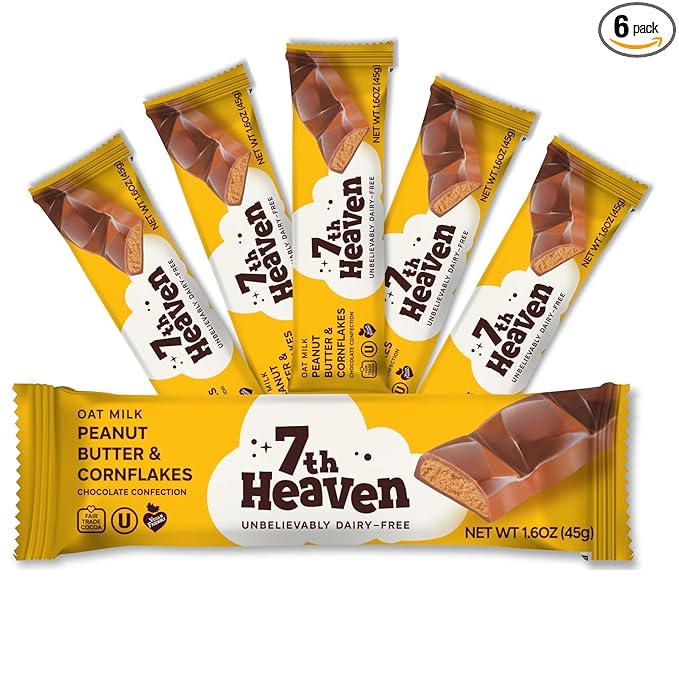 7th Heaven Vegan Oat Milk Chocolate Snack Bars: Peanut Butter &amp Cornflakes - (1.6 oz - 6 Pack) Healthy Chocolate Perfect Valentines Gift For Your Loved Ones 100% Dairy Free Non GMO Kosher Pa