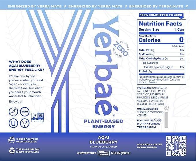 Yerbaé Energy Seltzer - Variety Performance Pack. No Sugar/Calories/Carbs. Energized by Yerba Mate Naturally Caffeinated Plant-Based Healthy Alternative to Coffee/Sugary Sodas Pack of 12 12oz cans